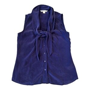 Pendleton 100% Silk Navy Blue‎ Sleeveless Collar Tie Button Up Blouse 6 Classic